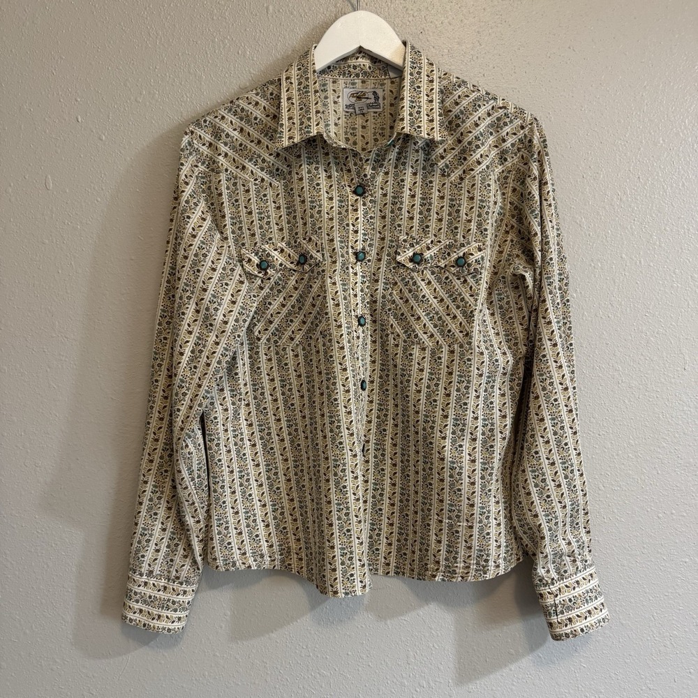 Panhandle Slim Retro Western Floral Stripe Turquoise Pearl Snap Shirt Boho  -L